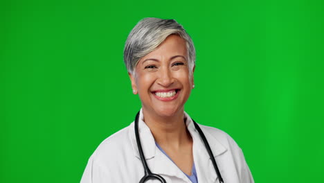 Pantalla-Verde,-Sonrisa-Y-Rostro-De-Médico-En-El-Estudio