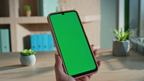 girl freelancer swiping chroma key smartphone in office closeup. hands holding