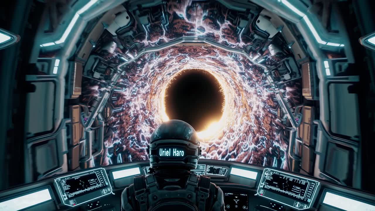 Futuristic video concept showing an astronaut from a first-person angle navigating a spaceship