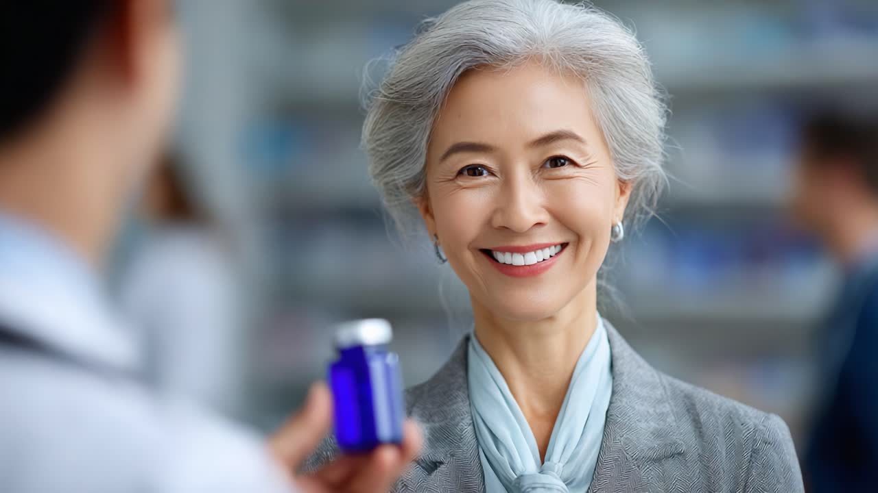 A Smiling Woman in a Gray Suit Receives a Medication Bottle from a Healthcare Professional in a Bright Pharmacy Environment