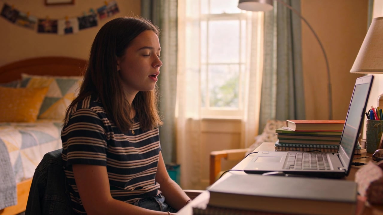 Leaning student in striped tee speaking to laptop at bedroom desk, answering incoming call