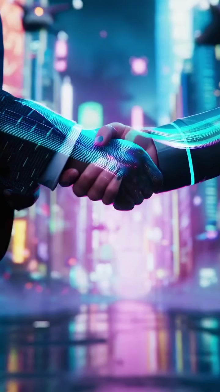Futuristiska affärspartners skakar hand i en cyberpunkstad.