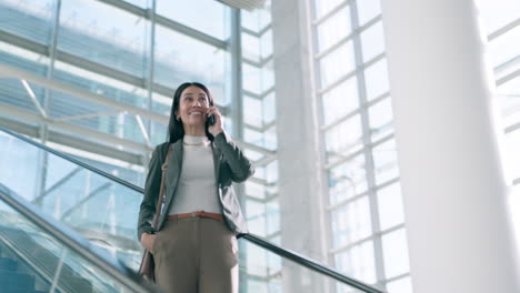 Phone-call,-escalator-and-business-woman