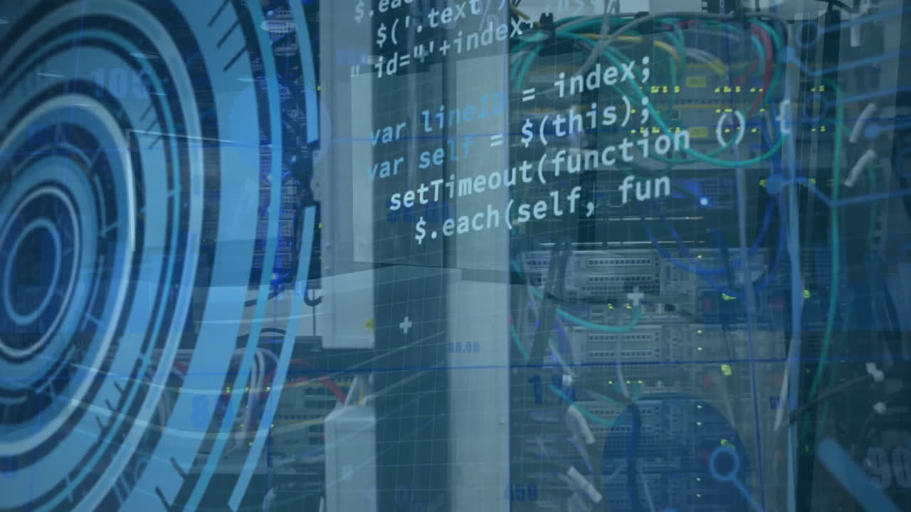 animación del escaneo del alcance y el procesamiento de datos sobre la sala del servidor