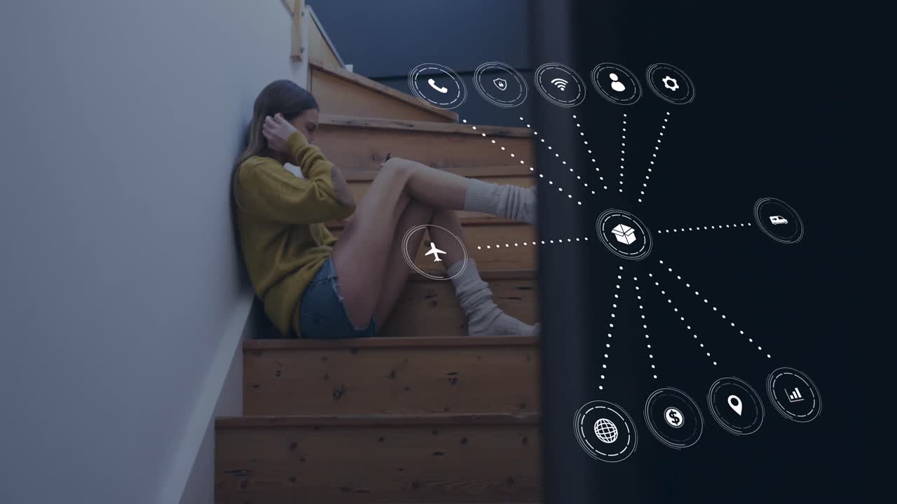 스마트 폰을 사용하는 백인 여성에 대한 연결 네트워크의 애니메이션