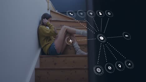animation of network of connections over caucasian woman using smartphone