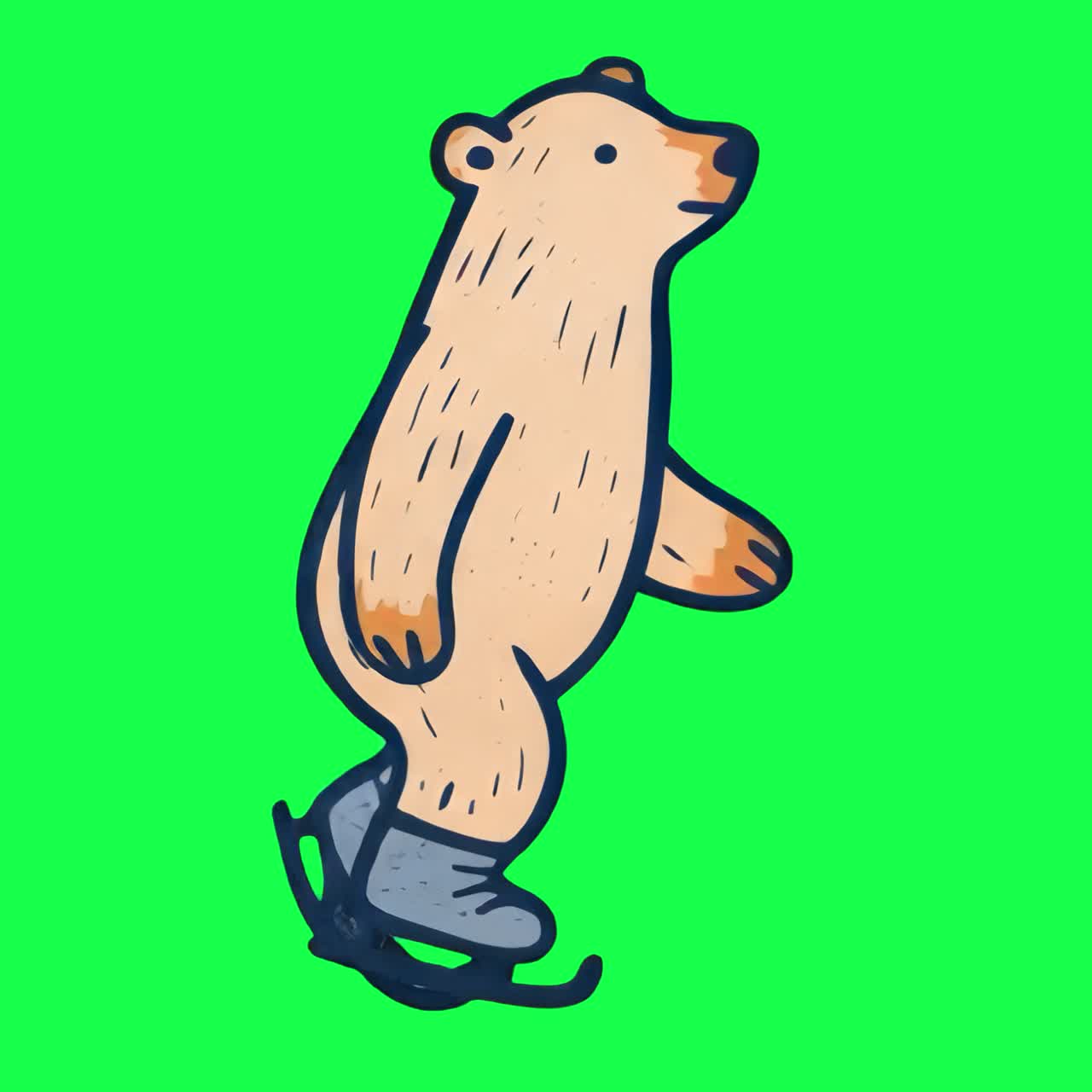 Cartoon bear ice skating joyfully animation, transparent 4K video, green screen