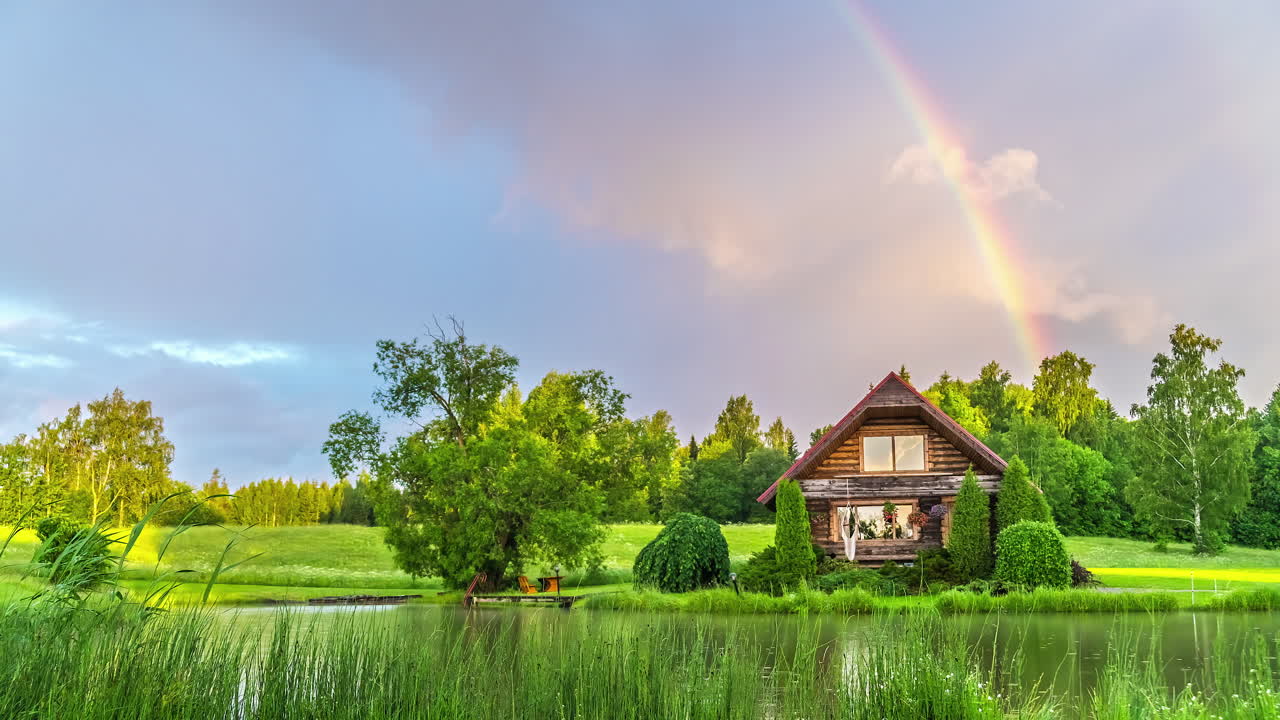 casa icónica del lago de madera con arco iris arriba, lapso de tiempo de fusión vibrante