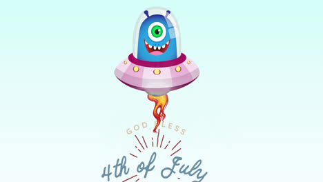 animation of 4th of july text with smiling allien over blue background