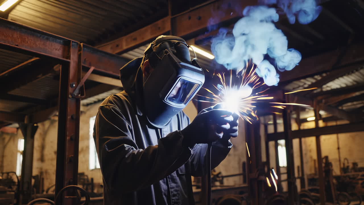 Welder at Work in a Factory Setting