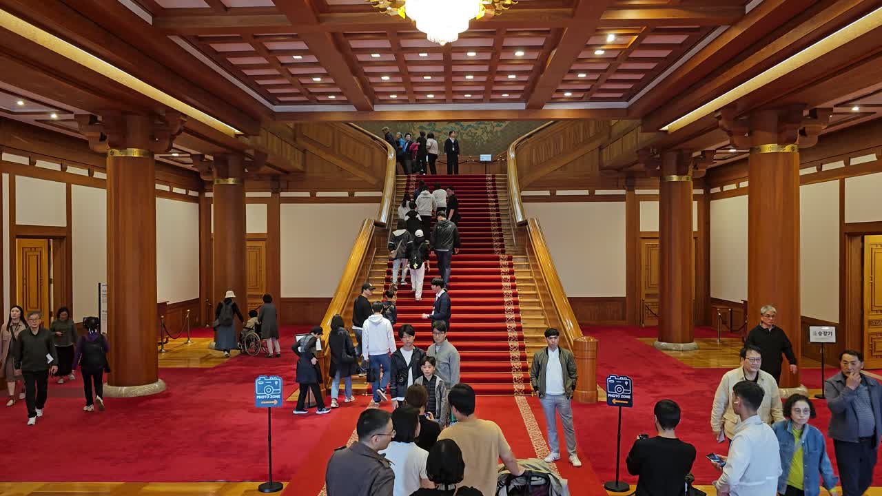 People Travel Inside Cheong Wa Dae Blue House Corridor Main Hall with Red Carpet, Seoul South Korea