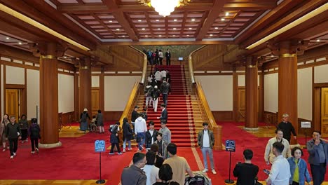 people travel inside cheong wa dae blue house corridor main hall with red carpet, seoul south korea