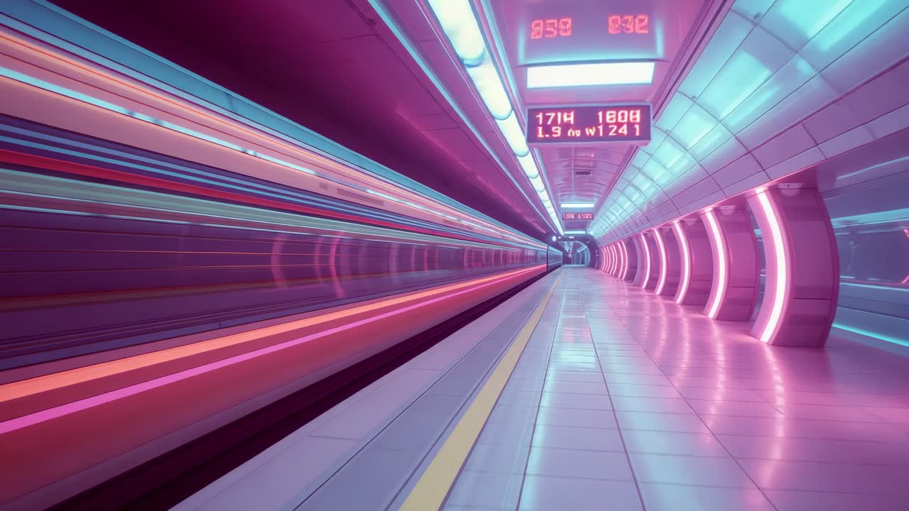 After activation, walkway gliding through neon-lit subway tunnel, display flickering for guidance
