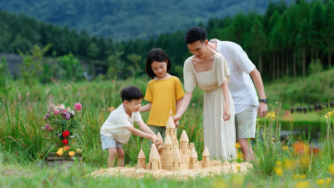 Family Enjoying Creative Time by Building a Beautiful Sandcastle Together in a Lush Green Landscape Under Bright Blue Skies