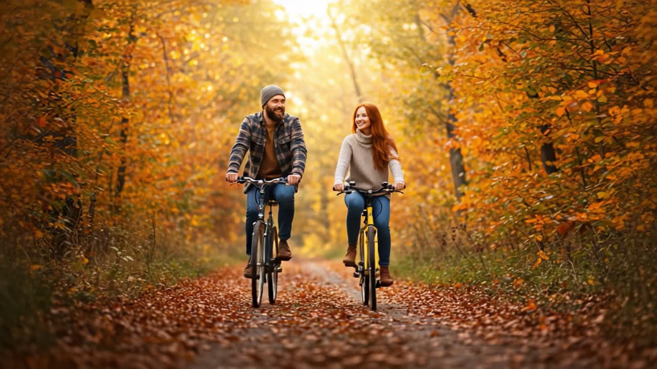 Happy Couple Biking Through an Autumn Forest Path