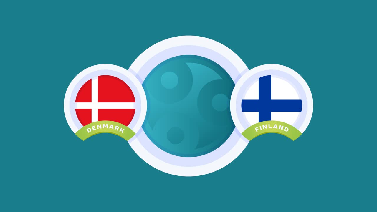 덴마크 vs 핀란드 경기 축구 비디오 애니메이션 축구 2020 챔피언십 경기 폴에 국가 발 대 팀 인트로 스포츠 배경, 경쟁 4k 애니메이션