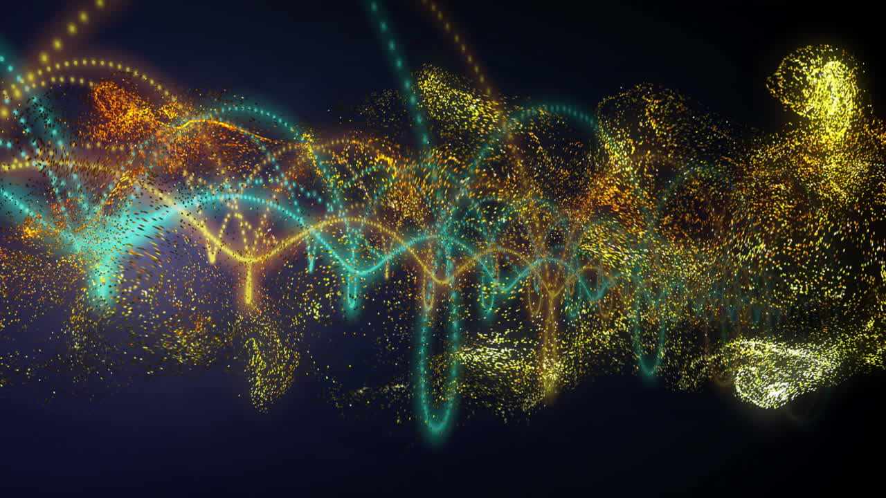 Animation of digital network of connections over gold specks of light on black background