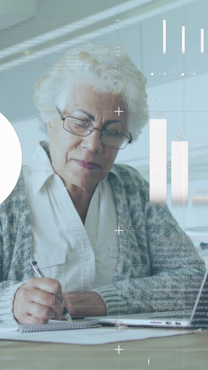 Animation of statistical data processing over african american senior woman calculating finance