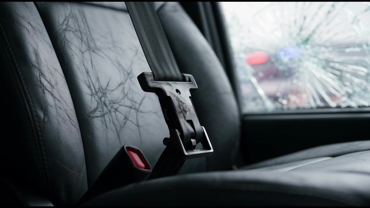 Finestrino dell'auto in frantumi visto dall'interno con luci di emergenza lampeggianti