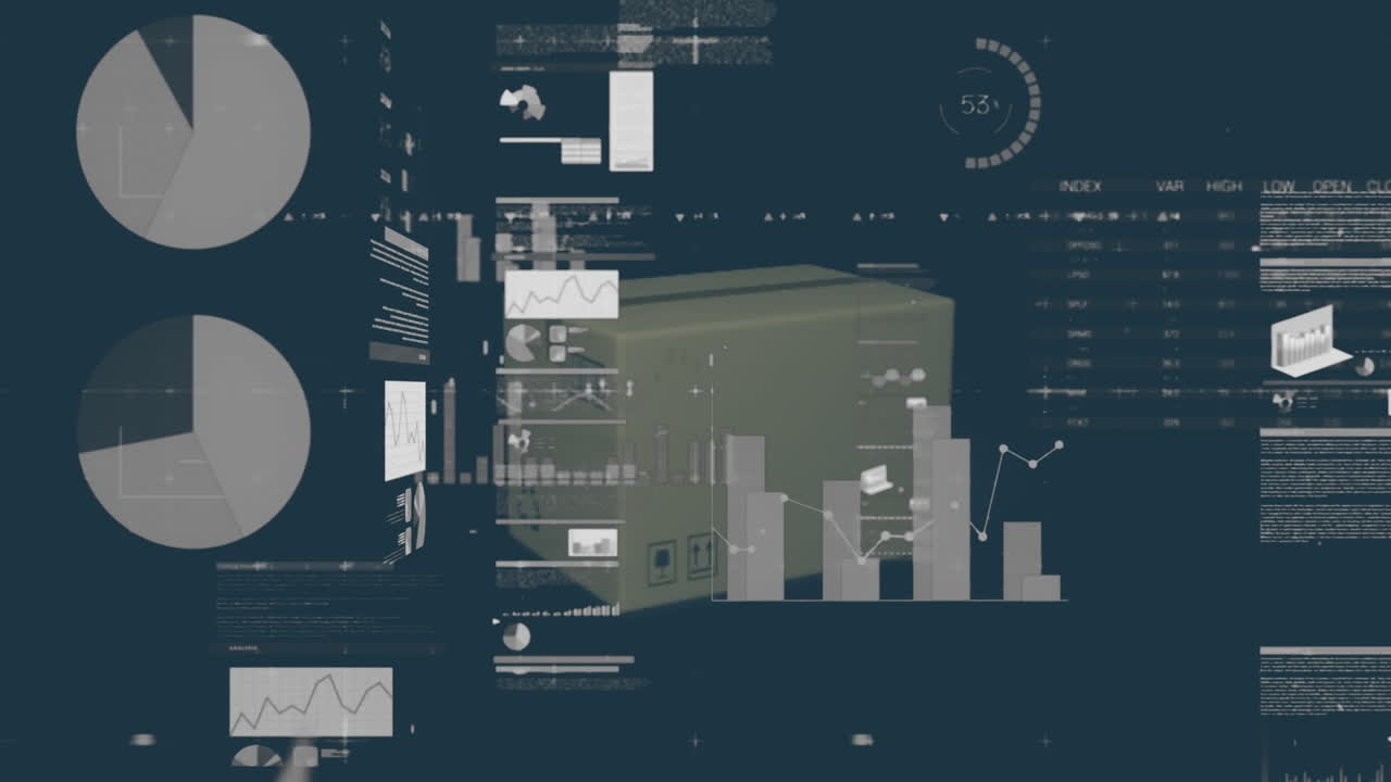 Animation of graphs and data over falling cardboard box and 2d model of truck
