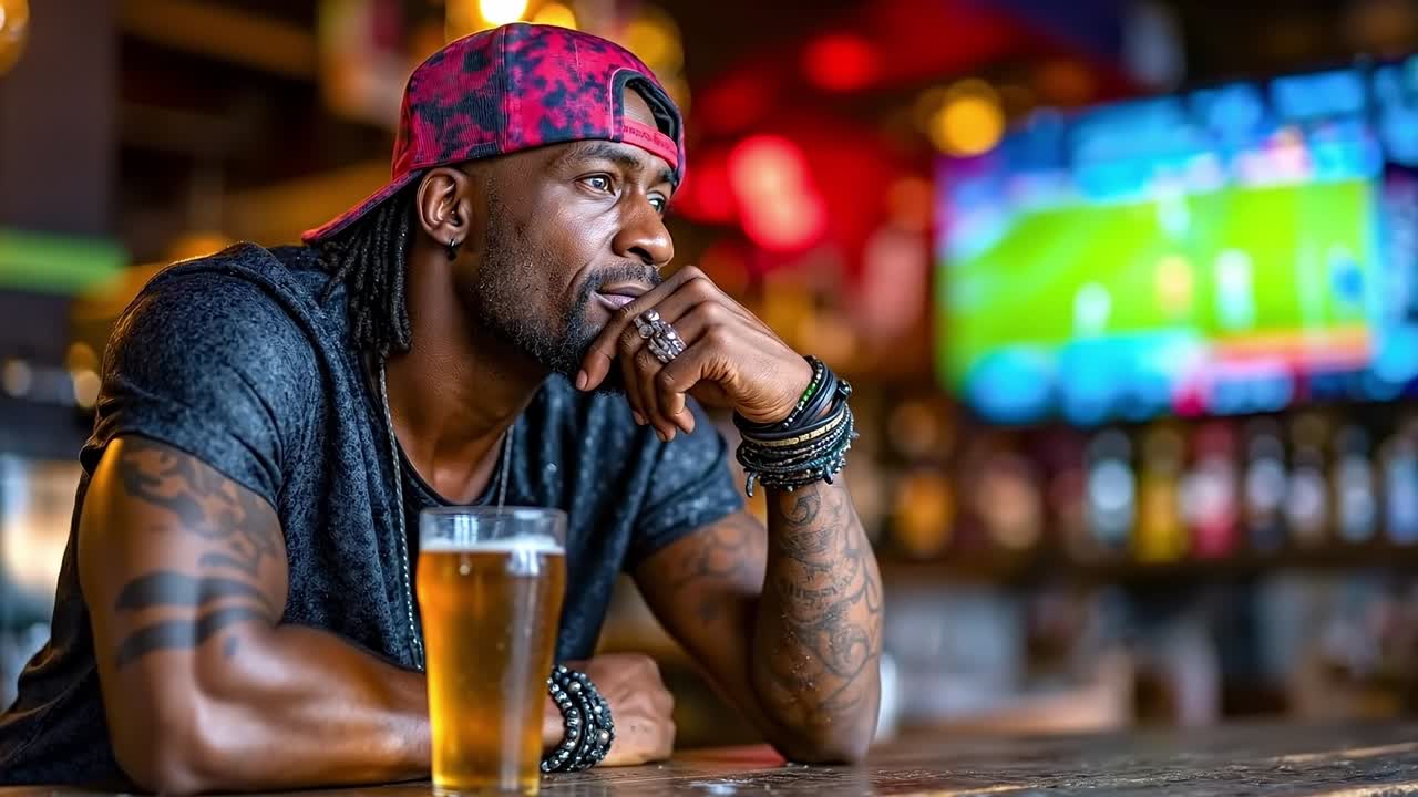Un uomo seduto in un bar con un bicchiere di birra