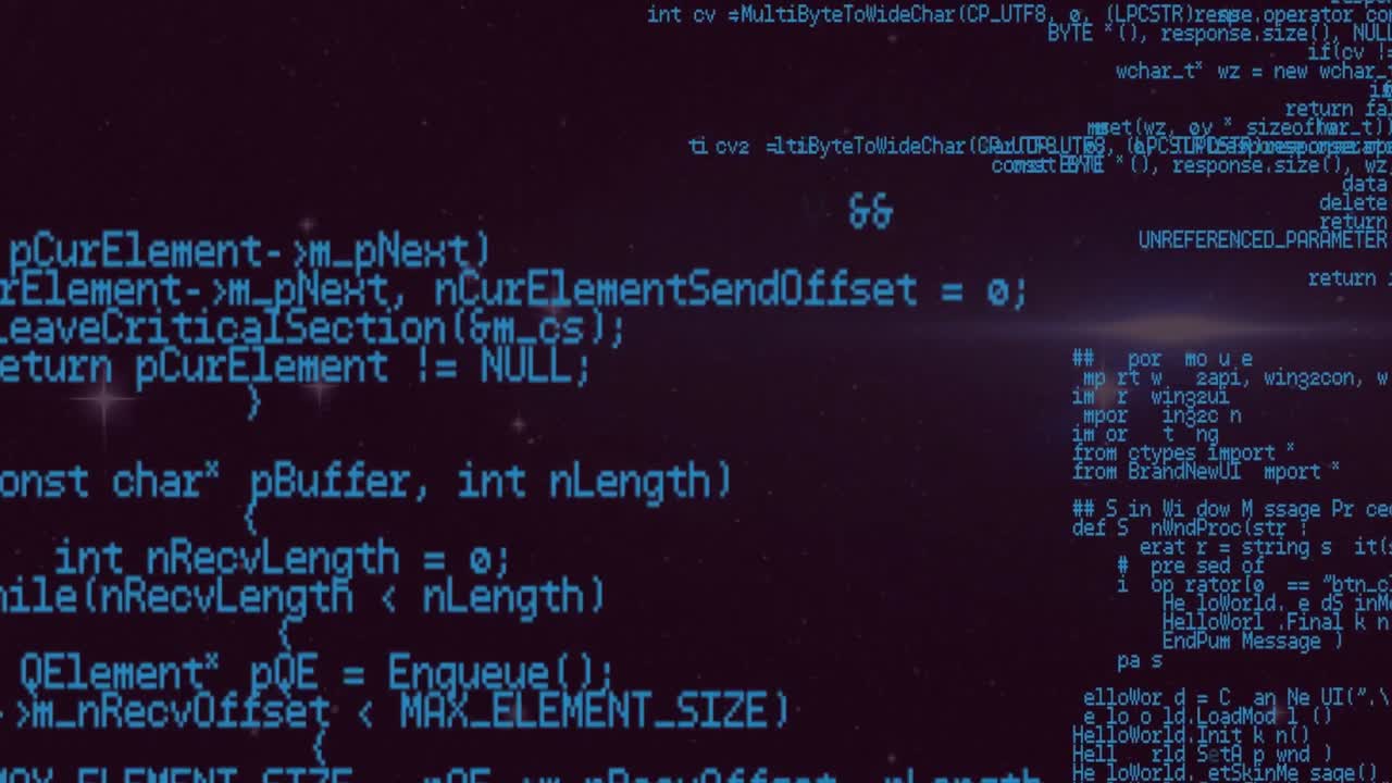 Animation of looping computer language over lens flares against black background