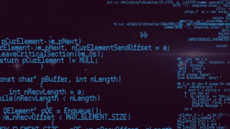 animation of looping computer language over lens flares against black background