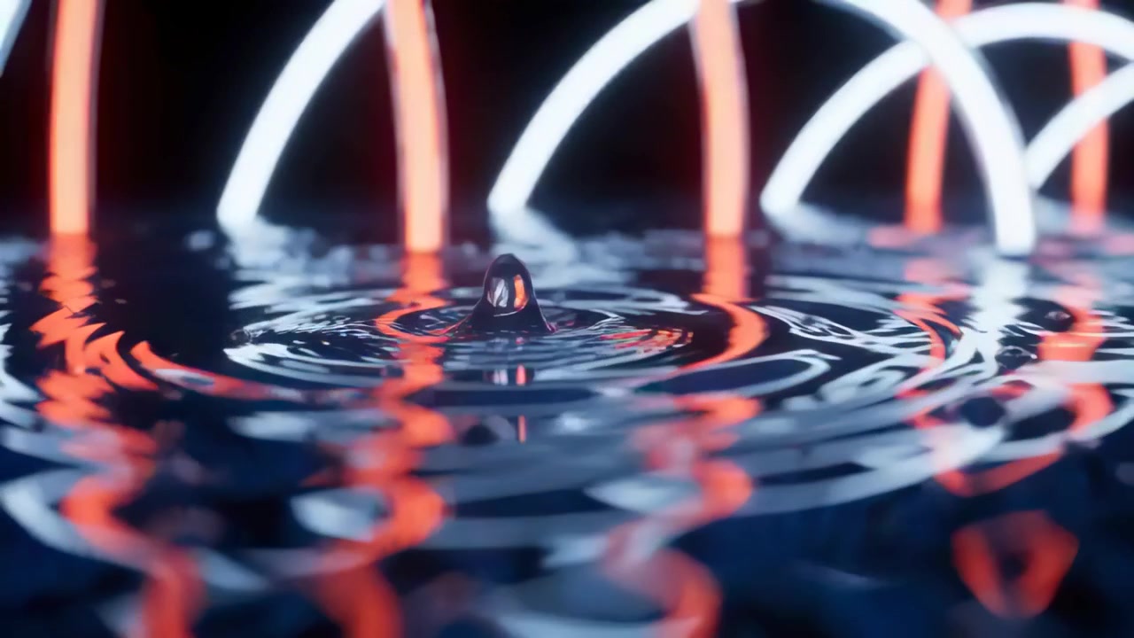 Shallow pool forming circular ripples after droplet impact on dark stage, reflecting neon arcs