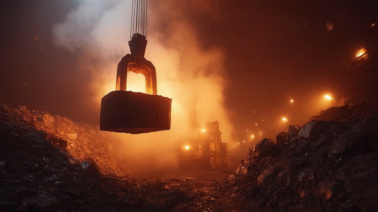 A dramatic scene of heavy machinery in a dimly lit industrial site, showcasing the power of a crane lifting molten material amidst glowing embers and shrouded in smoke