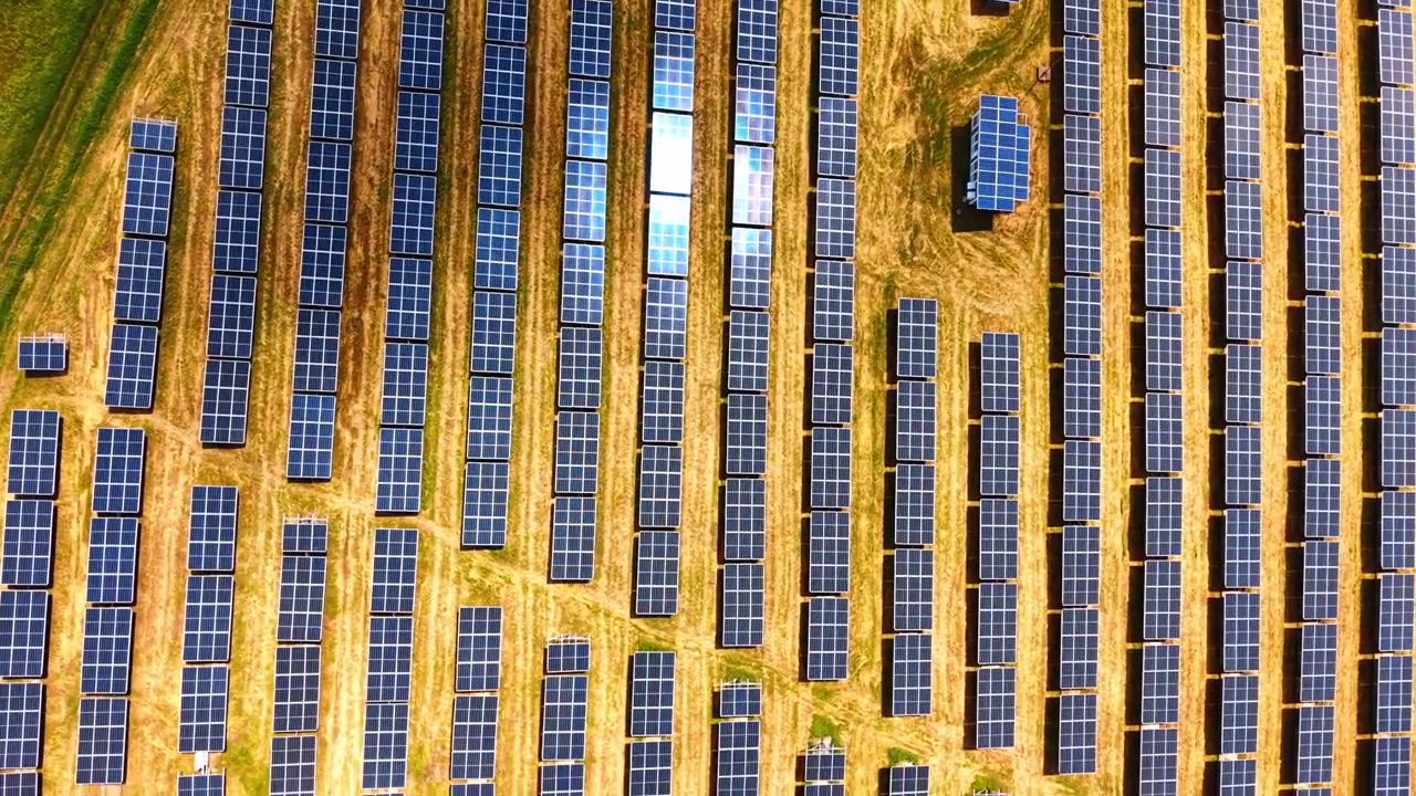 Pannelli solari fotovoltaici disposti in file su erba secca. Vista aerea dall'alto di una centrale elettrica con il riflesso della luce solare intensa sulle superfici di silicio.
