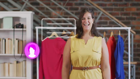 standing in yellow dress, woman at clothes rack with animation chat icon