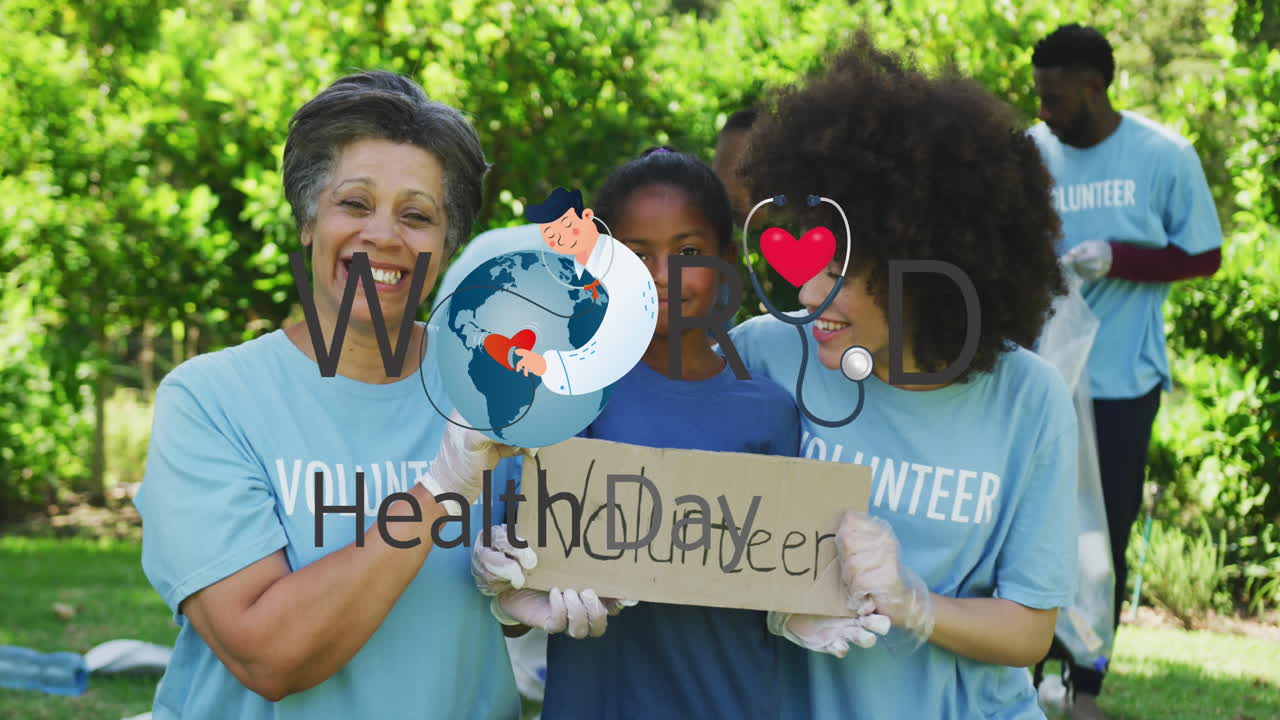 animação de corações caindo sobre família afro-americana