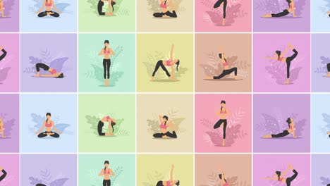 ejercicio de yoga en la naturaleza. colección de personajes de dibujos animados femeninos que demuestran varias posiciones de yoga. colorida animación de bucle plano. relajarse y meditar.