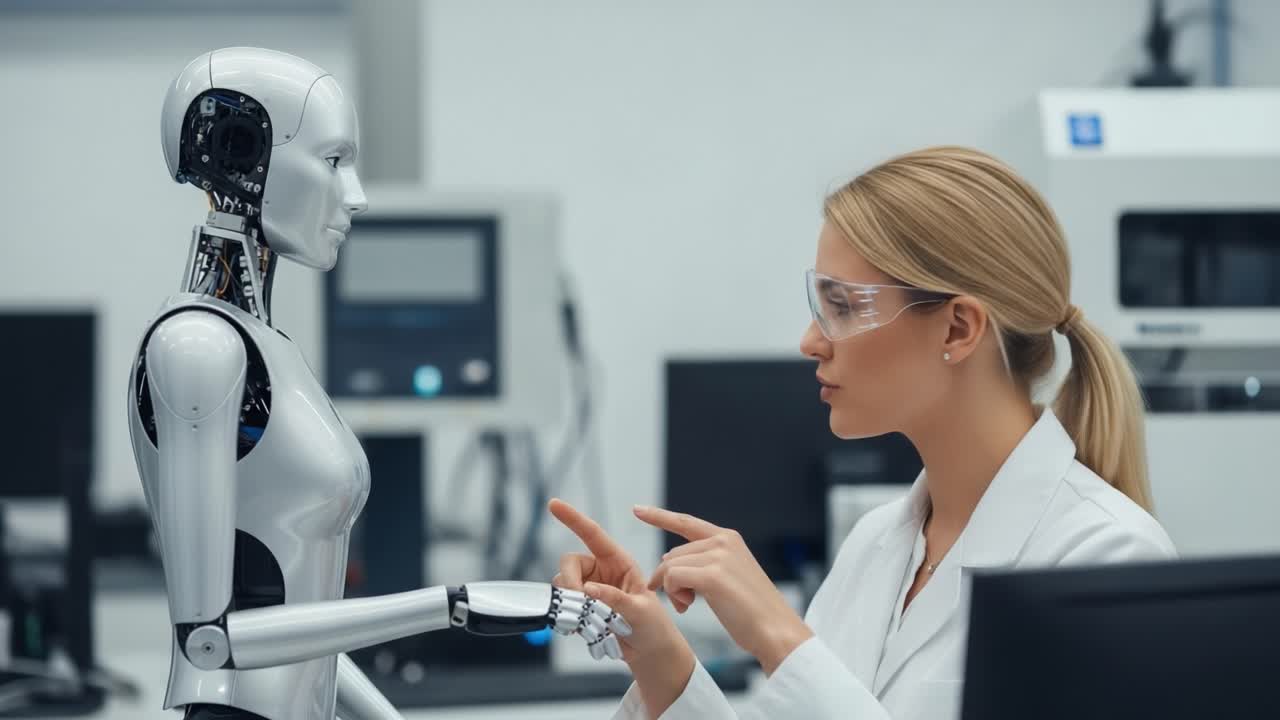 A Fascinating Interaction Between a Female Scientist and a Humanoid Robot in a High-Tech Laboratory Setting, Showcasing the Future of Robotics and Human-Computer Collaboration.