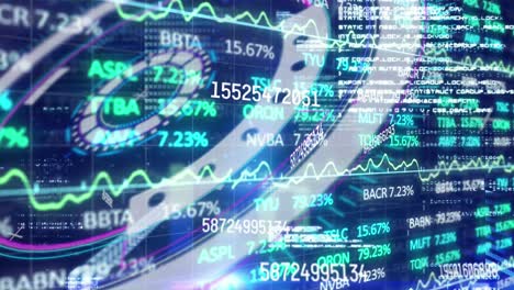 animación del procesamiento de datos del mercado de valores sobre un escáner redondo contra un fondo azul