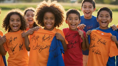 joyful children showcasing autographed t-shirts while celebrating friendship and team spirit in the sunshine, radiating happiness and excitement