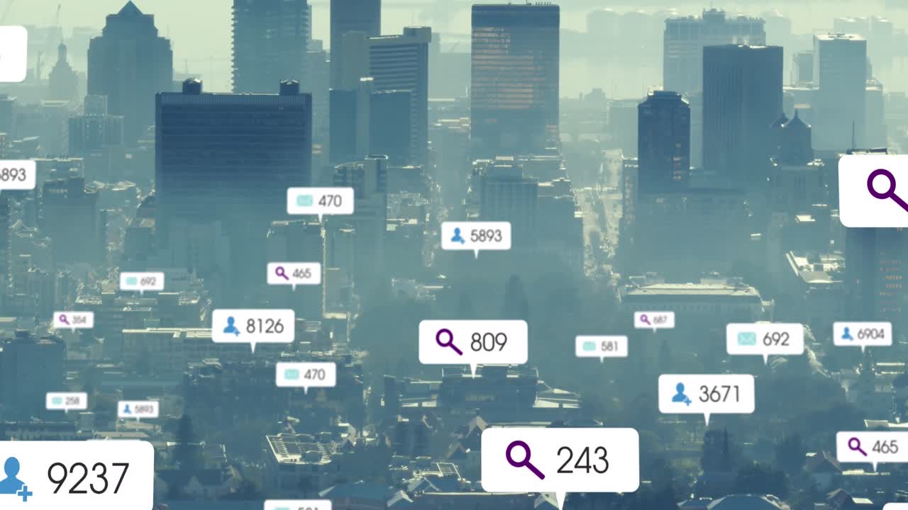 Animation of multiple social media icons floating against aerial view of cityscape