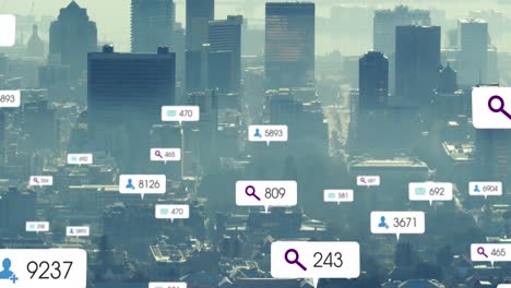 animación de múltiples iconos de las redes sociales flotando contra la vista aérea del paisaje urbano