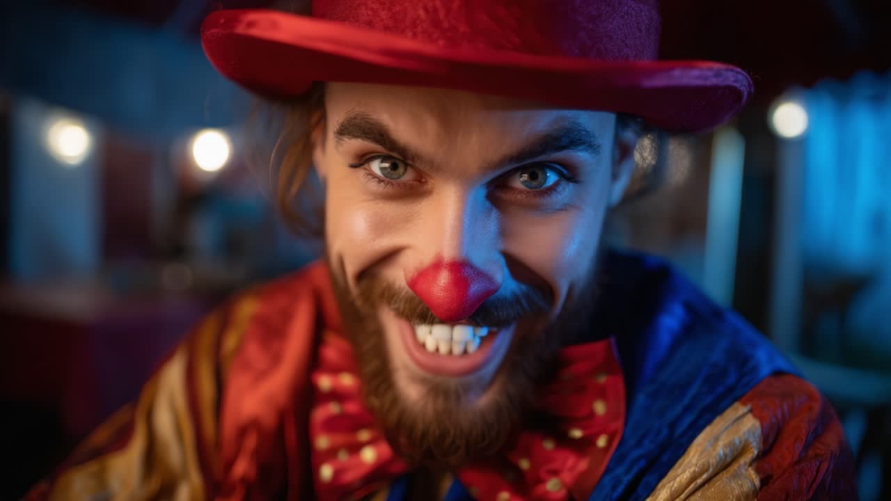 A Clown's Journey: Transformation from a Somber Gaze to a Bright Smile Captured in Two Frames of Emotion and Expression Under Colorful Circus Lights