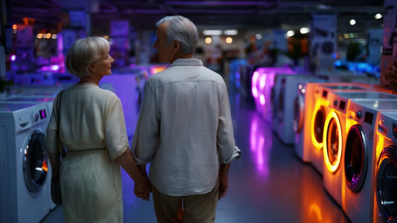 A Heartwarming Encounter Between Two Elders as They Explore a Vibrant Appliance Store Illuminated by Colorful Lighting, Holding Hands and Enjoying Each Other's Company Together