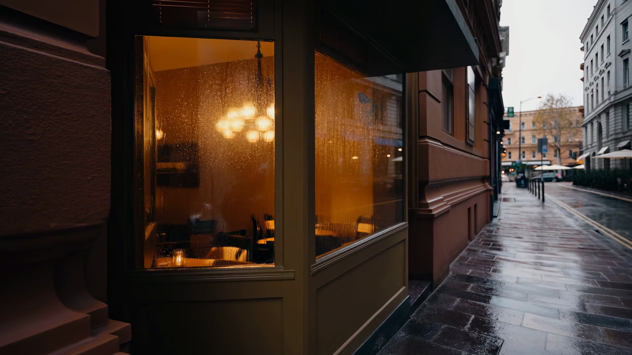 Raindrops on a Cafe Window with Warm Interior Lights and a Wet Street