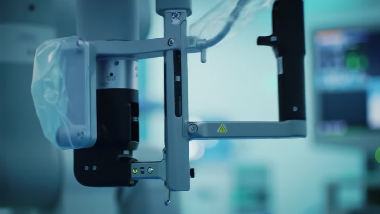 This highlights the intricate robotic arm used in advanced surgery. It focuses on the precision tools and the sterile environment essential for successful procedures.