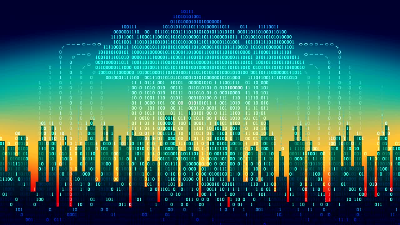 Binary rain in digital abstract city, the flow of data with the cloud, high-tech background, seamless loop