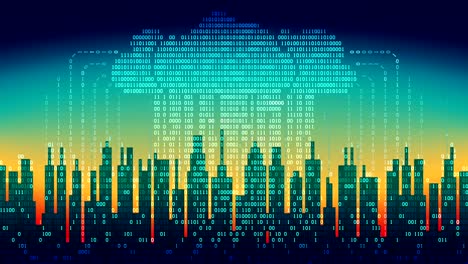 lluvia binaria en la ciudad abstracta digital, el flujo de datos con la nube, fondo de alta tecnología, bucle sin fisuras