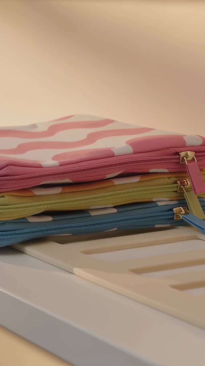 Vertical video: Moving camera revealing three pouches on white shelf, showing gold pulls for sale
