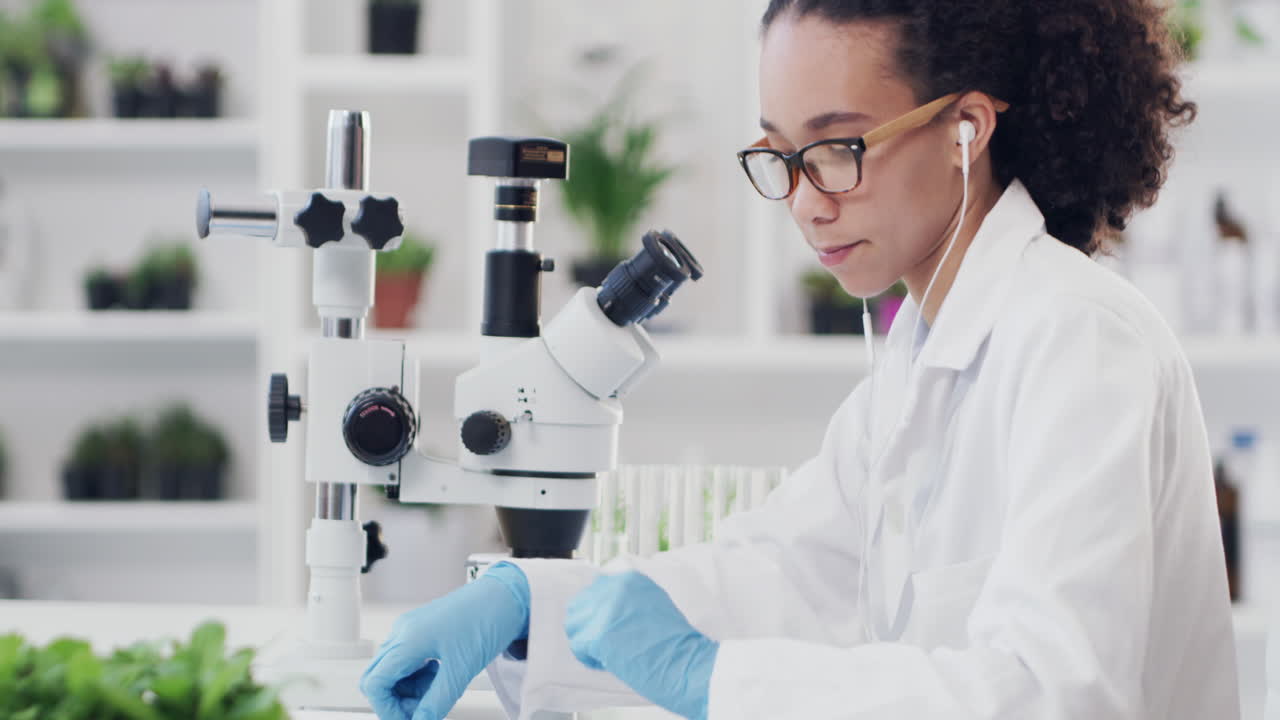 Science, ecology research and woman use microscope