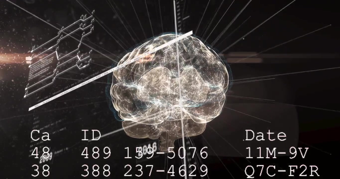 Scan bar starting translucent brain rotating on timeline axis while ID codes updating for diagnosis