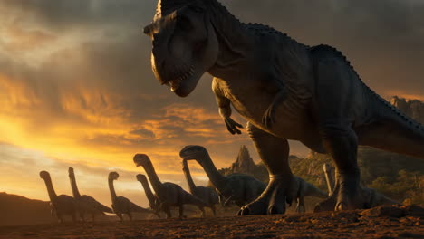 dinosaurs roaming at sunset