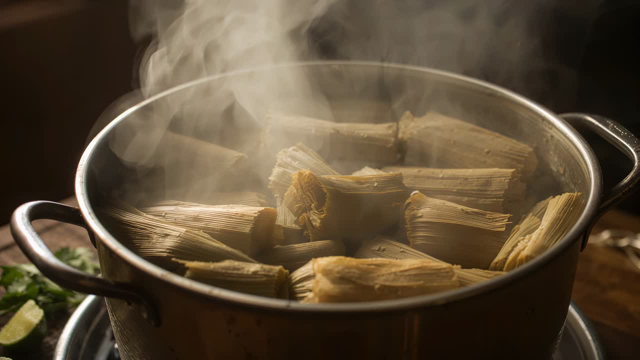 Steaming pot releasing steam from heat on kitchen counter, softening tamales with herbs and lime