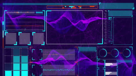 animation of interface with data processing and digital wave against purple background